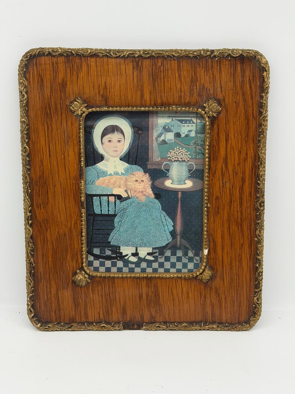 Vintage Folk Art Framed Print - Girl with Cat in Rocking Chair - 10x12
